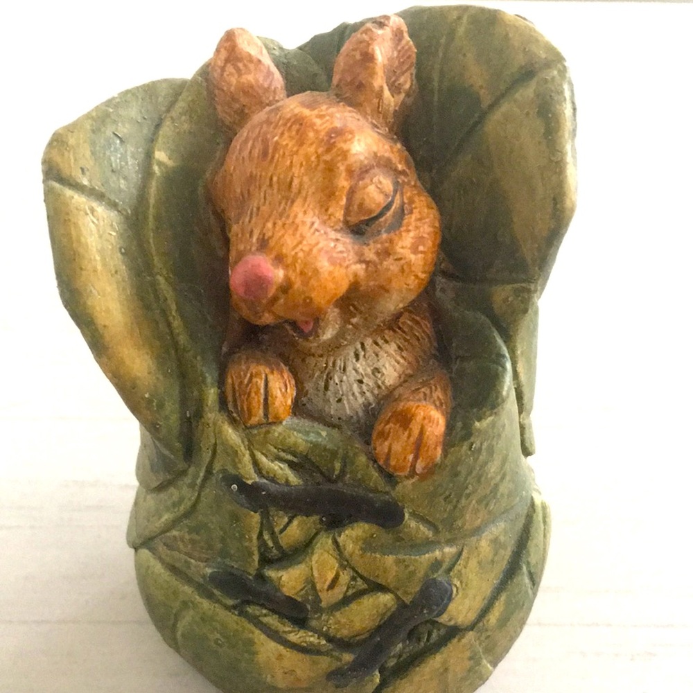 Resin Bunny Rabbit Sleeping in Leaves Figurine Garden Accent 5 Inch